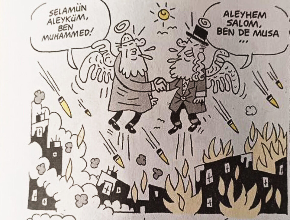 «Fred være med dere, jeg er Muhammed!» og den andre svarer «Fred være med deg også, jeg er Moses.»