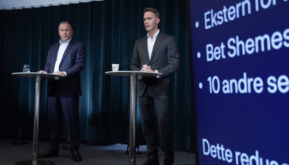 Oljefondets leder Nicolai Tangen og nestleder Trond Grande på pressekonferanse tirsdag morgen.