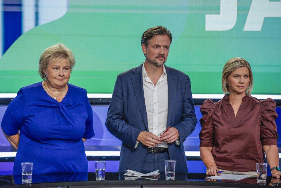 Høyre-leder Erna Solberg, KrF-leder Dag-Inge Ulstein og Venstre-leder Guri Melby under en direktesendt partilederdebatt i august.