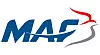 MAF-logo i blått med rød og grå stilisert fugl på hvit bakgrunn