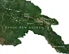 Satellittkart over Papua Ny-Guinea med bynavn markert i hvit tekst