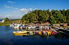 Småbåter fortøyd ved en brygge i en rolig havn med skog og blå himmel i bakgrunnen.