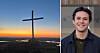 Delt bilde med kors mot solnedgang til venstre og smilende ung mann til høyre.