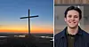 Delt bilde med kors mot solnedgang til venstre og smilende ung mann til høyre.