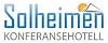Logo med teksten Solheimen konferansehotell, fjellmotiv og oransje sol.